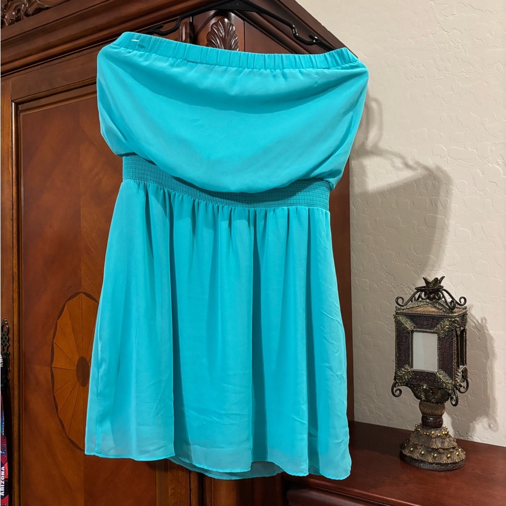 Express Turquoise Strapless Skater Skirt
